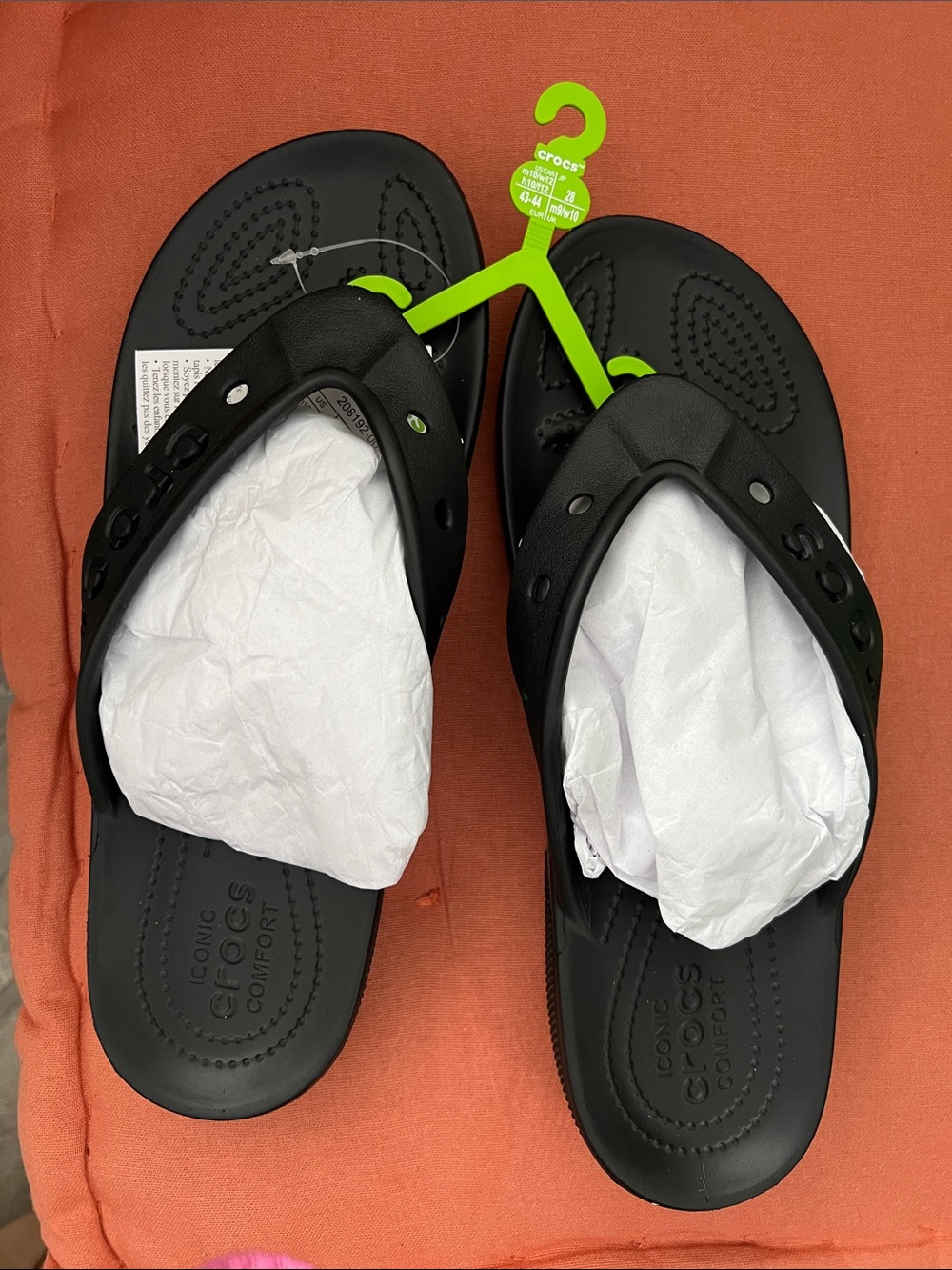 CROCS Men’s Black Flip Flops with Neon Green Hanger